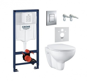 Комплект 5 в 1 Grohe Bau Ceramic 39586000: унитаз подвесной безободковый, сиденье, инсталляция, клавиша, шумоизоляция