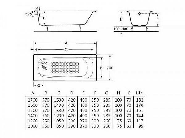 Чугунная ванна Roca Continental 170x70 без антискольжения 212901001 (21290100R)