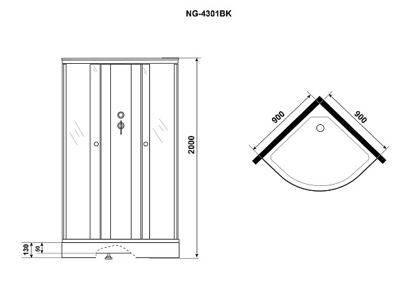 Душ.каб. NG-4301-14BK (900х900х2000) низкий поддон(13см) стекло МАТОВОЕ 3 места