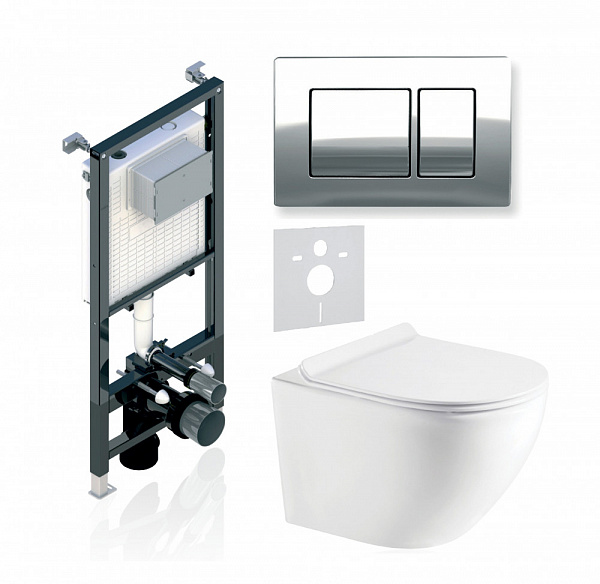 Комплект KOLLER POOL для монтажа  подвесного унитаза: Инсталляция Alcora ST 1200 с клавишей KVADRO Chrome, Унитаз ROUND Rimless, сиденье дюропласт: SoftClose, Take Off, антибактериальное покрытие, система «Антивсплеск»