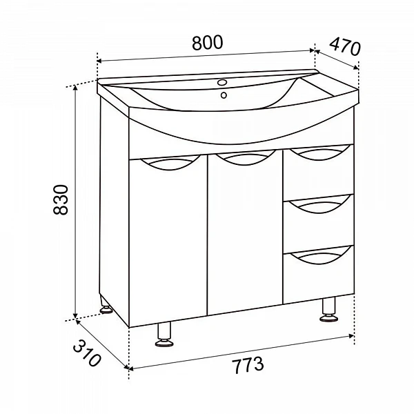 Тумба Emmy Милли 80 с раковиной Балтика (3 ящика)