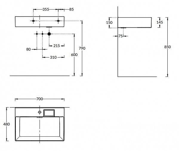 Раковина Kerama Marazzi LOGICA мебельная\подвесная с одним отверстием 70, белая глянцевая
