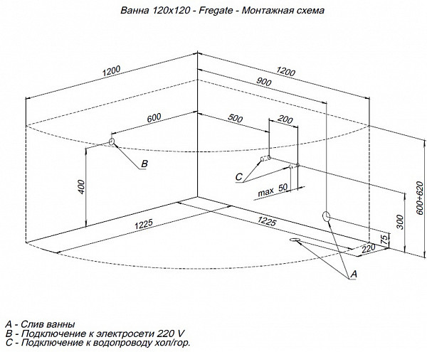 Акриловая ванна Aquanet Fregate 120x120 (с каркасом) 00205488