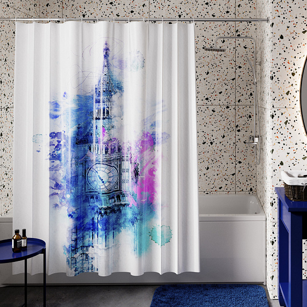 Назначение: Шторка для ванной. Материал: Полиэстер.Монтаж: Пластиковые люверсы. 
Описание: Размер 1800 х 2000 мм, водоотталкивающая пропитка. Низ шторки оснащен утяжелителем, в комплект входят ластиковые кольца белого цвета, 12 шт. Плотность шторки 90 г/м