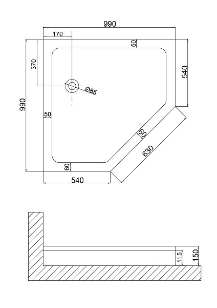 Душ. поддон NG-100-100D RUS (100*100*17) трапеция, низкий в комплекте для 6634, 6834