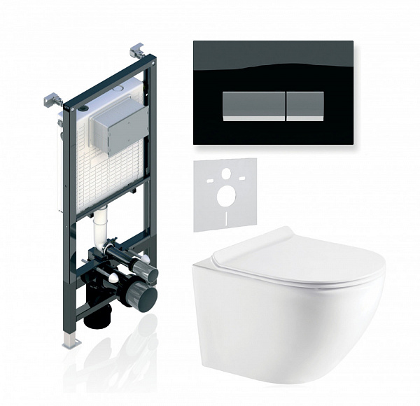 Комплект KOLLER POOL для монтажа  подвесного унитаза: Инсталляция Alcora ST 1200 с клавишей INTEGRO Black Glass, Унитаз ROUND Rimless, сиденье дюропласт: SoftClose, Take Off, антибактериальное покрытие, система «Антивсплеск»
