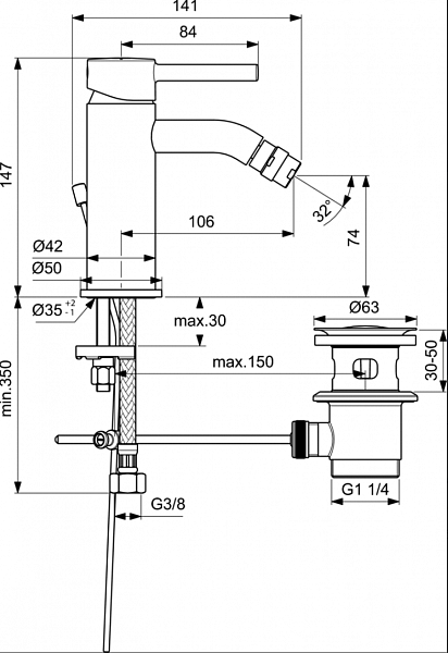 Смеситель Ideal Standard Ceraline BC197AA для биде с донным клапаном