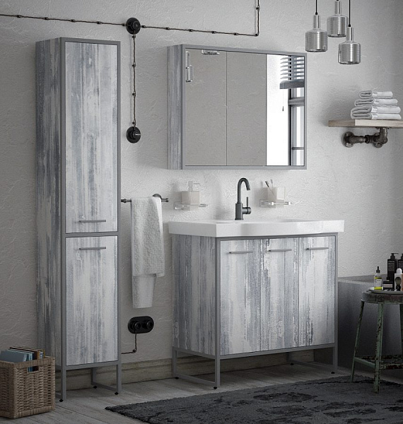 Тумба под раковину Айрон 90, с корзиной, серый/арт, Домино 90 Corozo SD-00000344