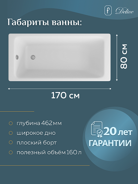 Ванна чугунная Delice Parallel 1700х800, с ручками