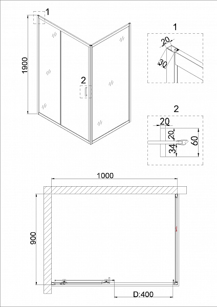 Душ.ограждение NG-42-10AG-A90G (100*90*190) прямоугольник, дверь раздвижная, 2 места