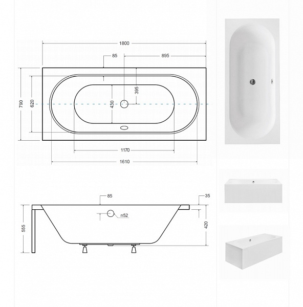 Акриловая ванна Besco Vitae 180x80 WAV-180-PK