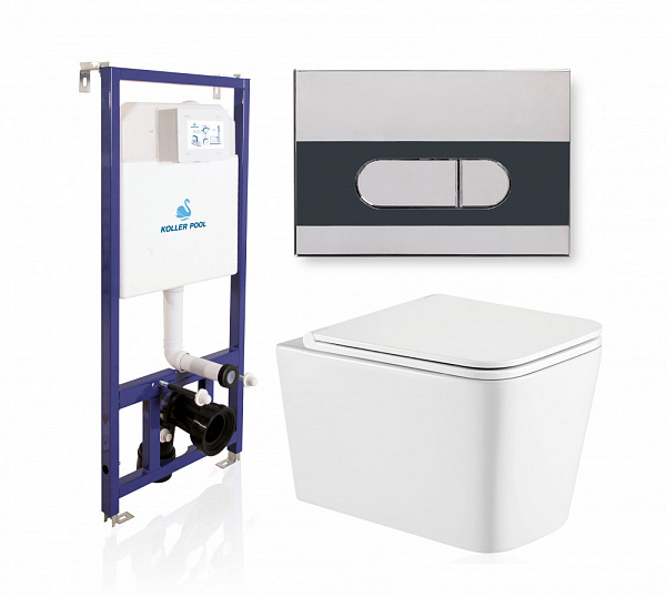 Комплект KOLLER POOL для монтажа  подвесного унитаза: Инсталляция DUNE 1200 SL с клавишей ORION Chrome&Black, Унитаз KVADRO Rimless, сиденье дюропласт: SoftClose, Take Off, антибактериальное покрытие, система «Антивсплеск»