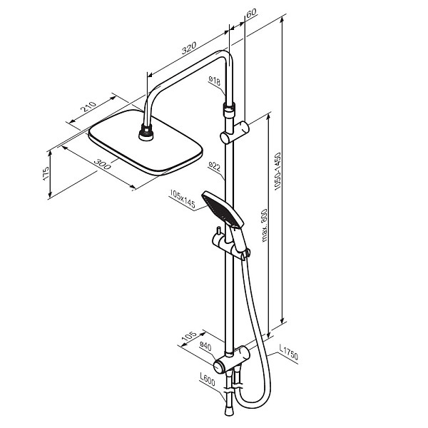 953000300 Gala душ.система: верх.душ 300*210 мм, ручн.душ 3 ф-ции 110*260 мм, штанга 1050-1450, черн