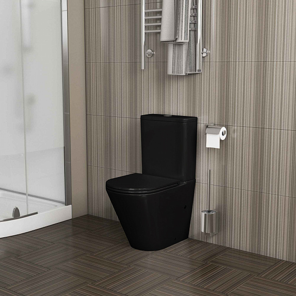 Унитаз GR-4450BMS (605*380*825) ЧЕРНЫЙ МАТОВЫЙ напольный БЕЗОБОДКОВЫЙ с тонкой крышкой, 2 места