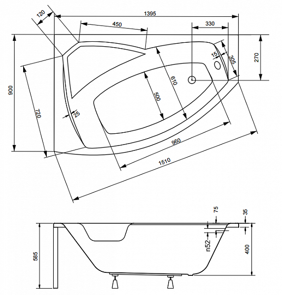 Акриловая ванна Besco Rima 140x90 WAR-140-NL Левая