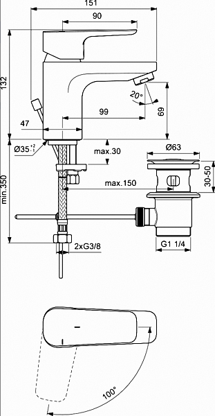 Смеситель Ideal Standard Ceraplan lll BC566AA для раковины с донным клапаном