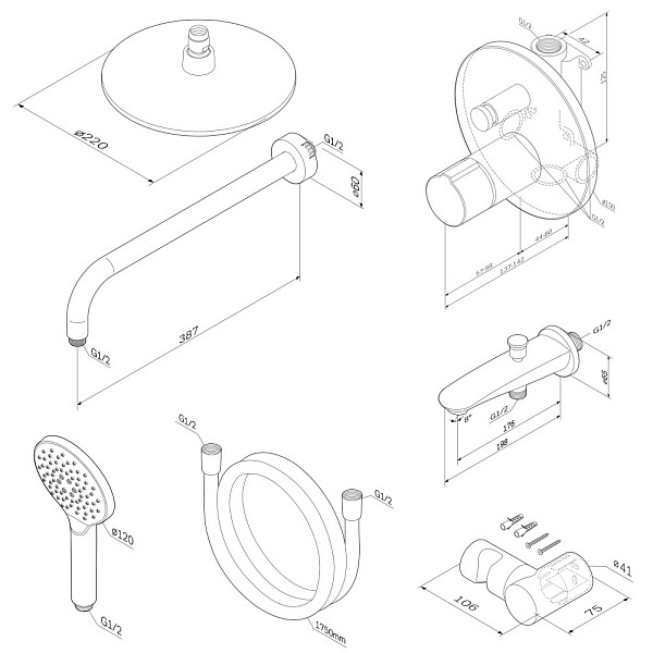 FP85A10020 X-Joy TouchReel, набор: нажимной см-ль д/в/душа, верхний душ 220 мм, держатель д/верхн.ду