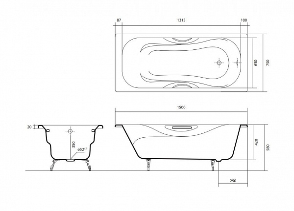 Ванна чугунная эмалированная Aquatek 1500x750 в комплекте с 4-мя  ножками и 2-мя ручками AQ8050FH-00 ГАММА