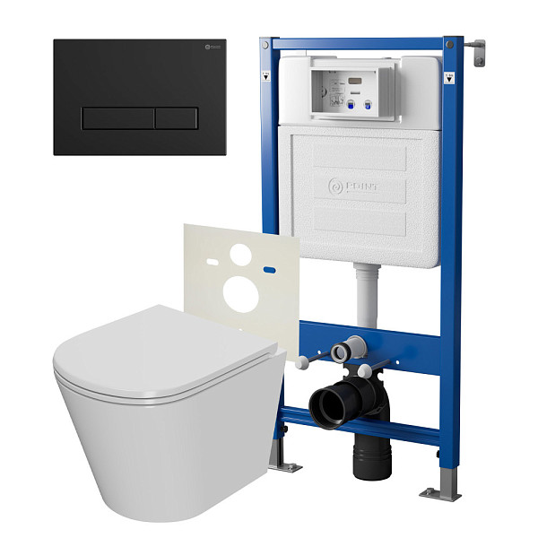 Сет: Система инсталляции Point Элемент для подвесного унитаза PN45120 + Клавиша смыва для инсталляции Point Меркурий, черная матовая, PN44831BM + Унитаз подвесной Point Виктория безободковый, сиденье микролифт PN41061