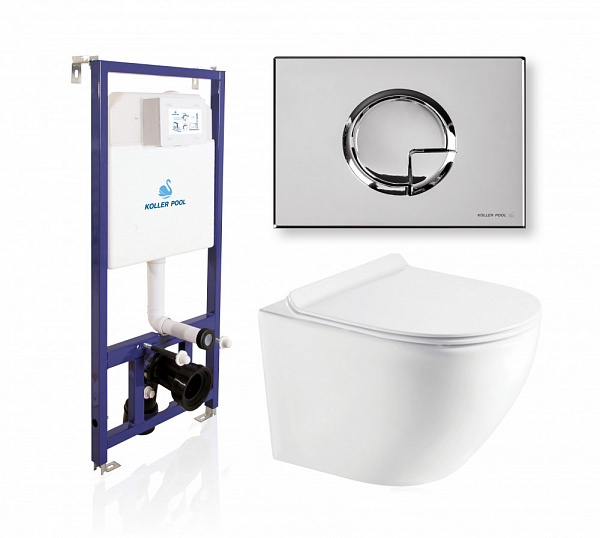 Комплект KOLLER POOL для монтажа  подвесного унитаза: Инсталляция DUNE 1200 SL с клавишей KVADRO Arch Chrome, Унитаз ROUND Rimless, сиденье дюропласт: SoftClose, Take Off, антибактериальное покрытие, система «Антивсплеск»