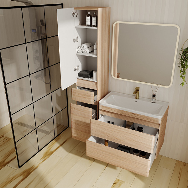 Тумба подвесная Style line Атлантика 80, Люкс ясень перламутр, под раковину, PLUS