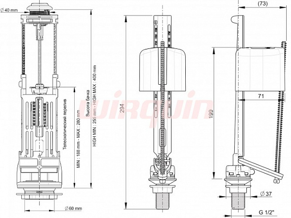 Комплект сливной двухрежимный механизм Wirquin ONE 3/6 L, заливной клапан Kompact 1/2"