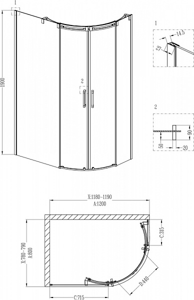 Душевой уголок Grossman GR-4120L Galaxy 120*80*190 двери раздвижные