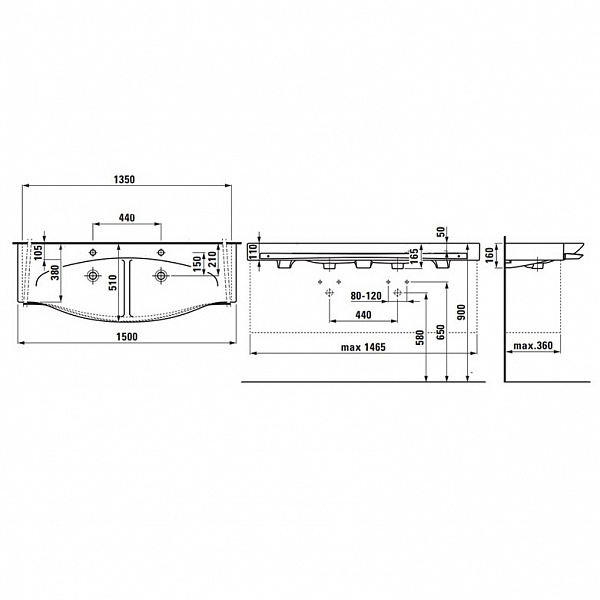 Раковина Laufen Palace 8.1470.6.000.104.1 с полотенцедержателем 150 см