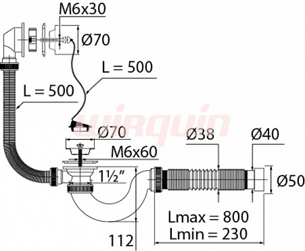 Слив-перелив Wirquin Мини Элит 1½ х 40 мм с нерж. чашками, L800 мм 40 х 40/50 мм, с пробкой на цепочке