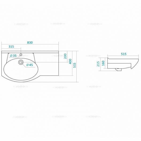 Мебельная раковина Коралл 83 правое крыло