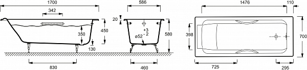 Чугунная ванна Jacob Delafon Parallel 150x70 с отверстиями под ручки E2949-00