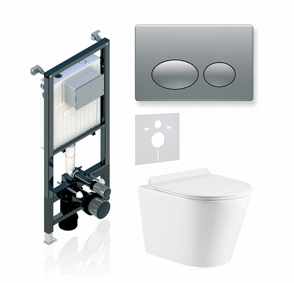 Комплект KOLLER POOL для монтажа  подвесного унитаза: Инсталляция Alcora ST 1200 с клавишей ROUND Matt Chrome, Унитаз ORION Rimless, сиденье дюропласт: SoftClose, Take Off, антибактериальное покрытие, система «Антивсплеск»