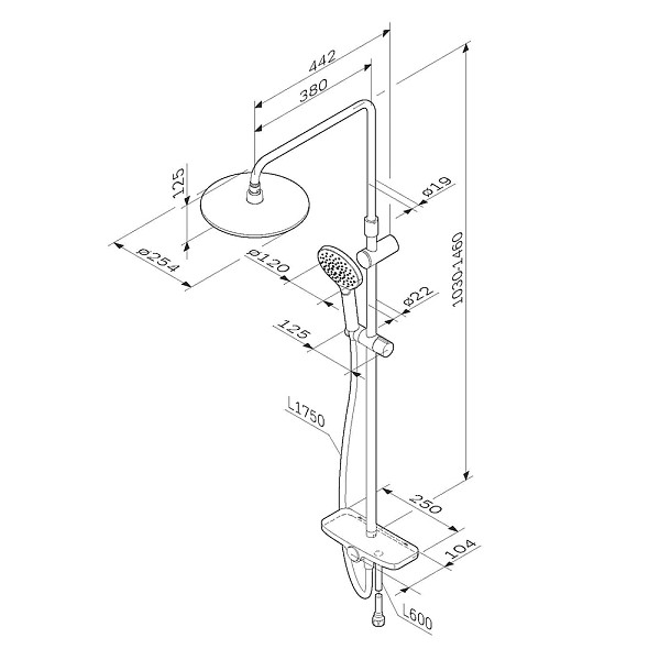 F0780200 Like, душ.система: верхн.душ 250мм, ручной душ 120 мм, 3 функции, душ.штанга 1030-1460 мм,