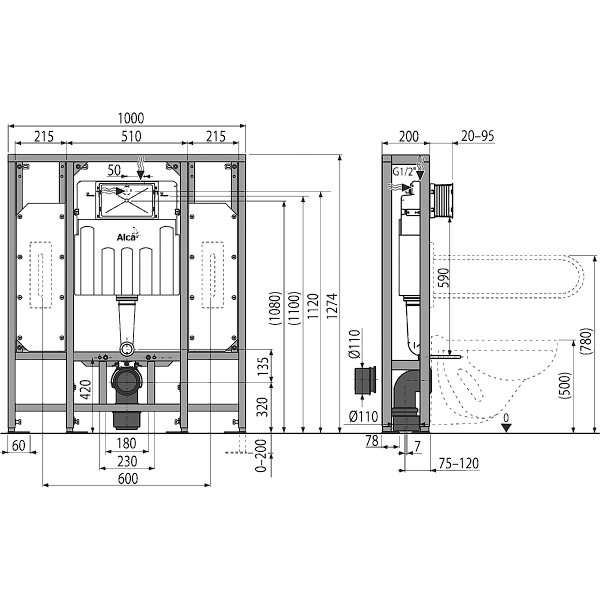 Инсталляция для унитазов AlcaPlast Solomodul AM116/1300H для людей с ограниченными возможностями
