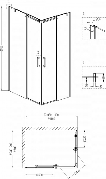 Душевой уголок Grossman GR-3110L Galaxy 110*80*190 прямоугольник, двери раздвижные