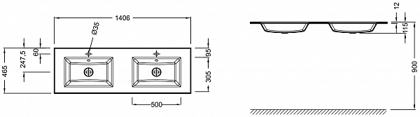 Двойная стеклянная раковина-столешница Jacob Delafon Vox 140x46 см EB2100-DD4