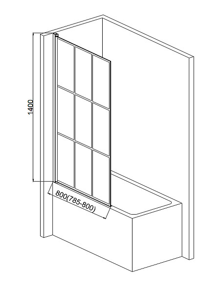 Шторка  на ванну AQUAme 800*1400мм., стекло 6мм, цвет профиля матовый черный. Вертикальные и горизонтальные декоративные линии