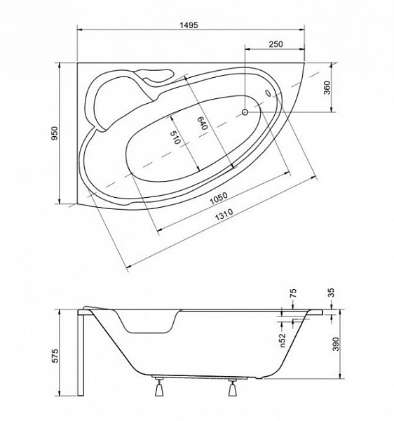 Акриловая ванна Besco Bianka 150x95 WAB-150-NL Левая