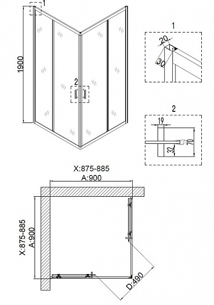 Душ. ограждение Niagara NG-6808-08 BLACK (90*90*190) квадрат, двери раздвижные, 1 место