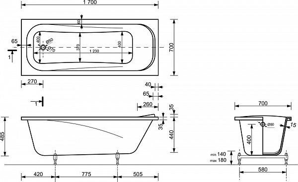 Ванна из литьевого мрамора Эстет  Альфа 170x70 см ФР-00006565
