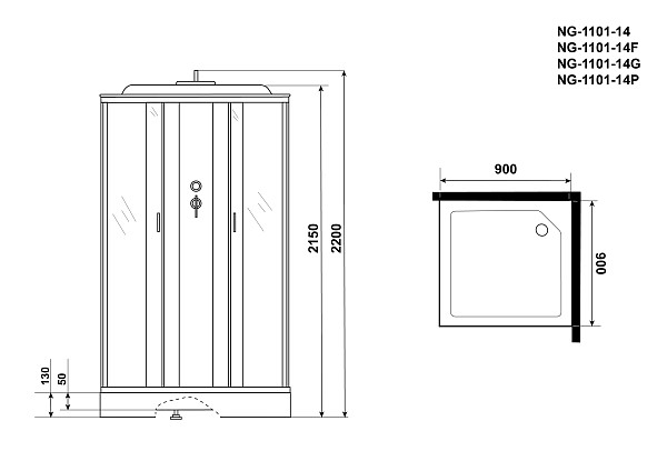 Душ.каб. NG-1101-14G (900х900х2150) низкий поддон(13см) стекло МАТОВОЕ 3 места с полкой