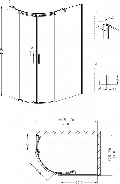 Душевой уголок Grossman GR-4120R Galaxy 120*80*190 двери раздвижные
