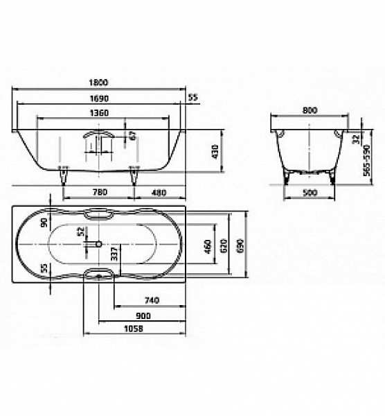 Стальная ванна Kaldewei Novola Duo 180x80 241700013001 easy-clean mod. 257 с отверстиями под ручки