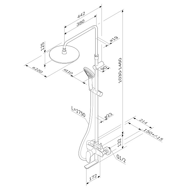 F0780910 Like,душ.система,набор:см-ль д/ванны/душа,верхний душ d220 мм, ручной душ 110 мм, 1 функция