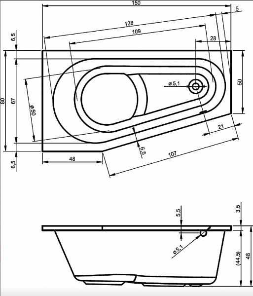 Акриловая ванна Riho Delta 150х80 правая B066007005