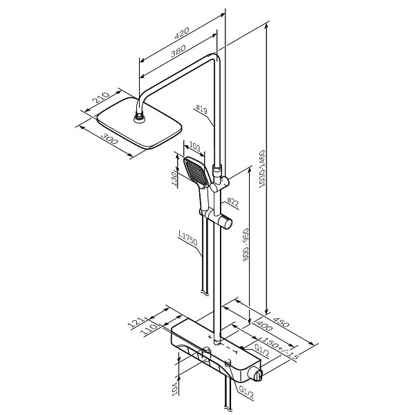 F078F300 Func, душ.сис-ма: см-ль-полка д/ванны/душа с ТМС, душ.штанга, верхн. душ квадр., ручн.душ,