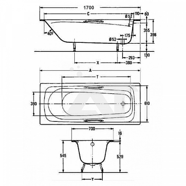 Чугунная ванна Jacob Delafon Melanie 170x70 с отверстиями под ручки E2925-00