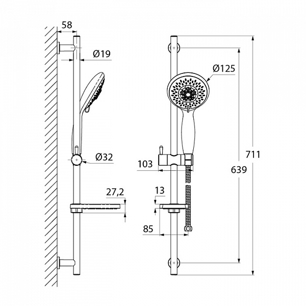 TSH0601 Душ.гарнитур(стойка 710мм,лейка 5F D125мм,шланг нерж.сталь 1,5м)