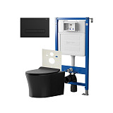 Сет: Система инсталляции Point Элемент для подвесного унитаза PN45120 + Клавиша смыва для инсталляции Point Меркурий, черная матовая, PN44831BM + Унитаз подвесной Point Вега безободковый, чёрн мат, PN41711BM