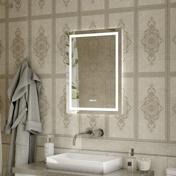 Зеркало Континент "Verte Led" 600х800 с часами, датчиком движения